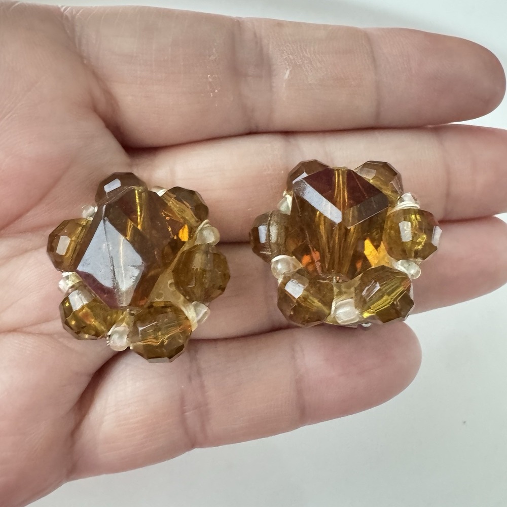 Vintage Amber Color Beaded Cluster Clip Earrings Lucite Western Germany Classic